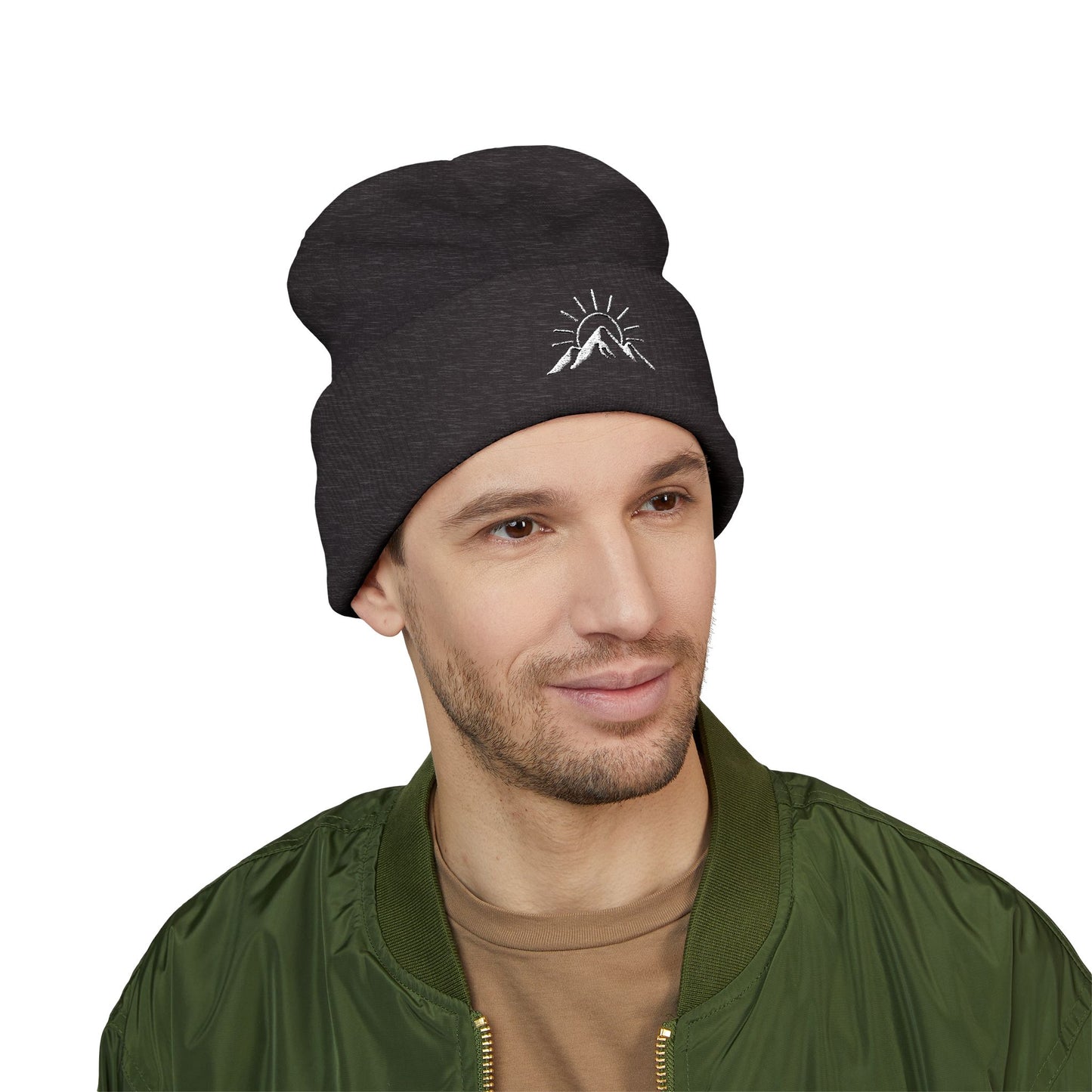 Sunrise Mountain Classic Cuffed Beanie - Embroidered Yellow Winter Hat