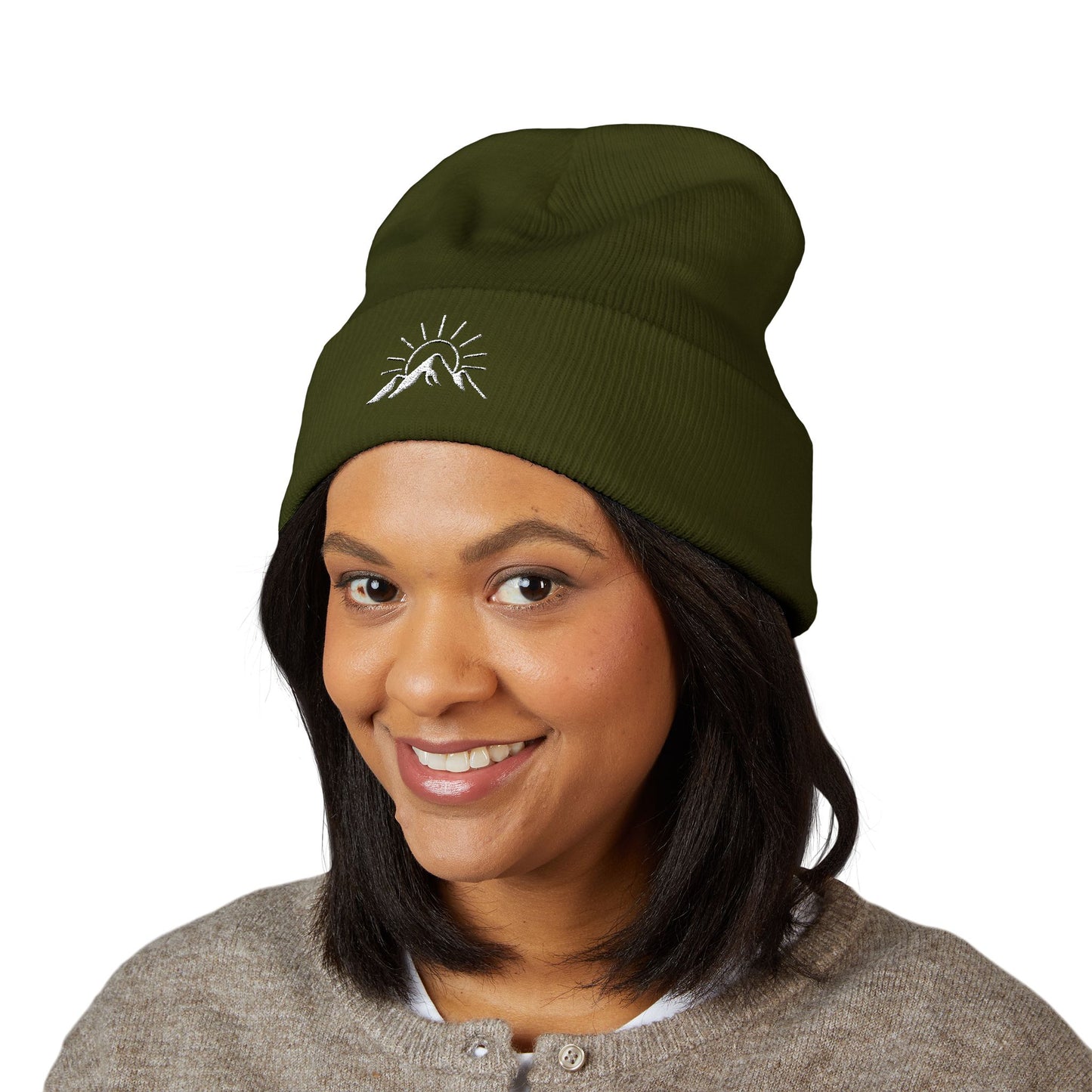 Sunrise Mountain Classic Cuffed Beanie - Embroidered Yellow Winter Hat