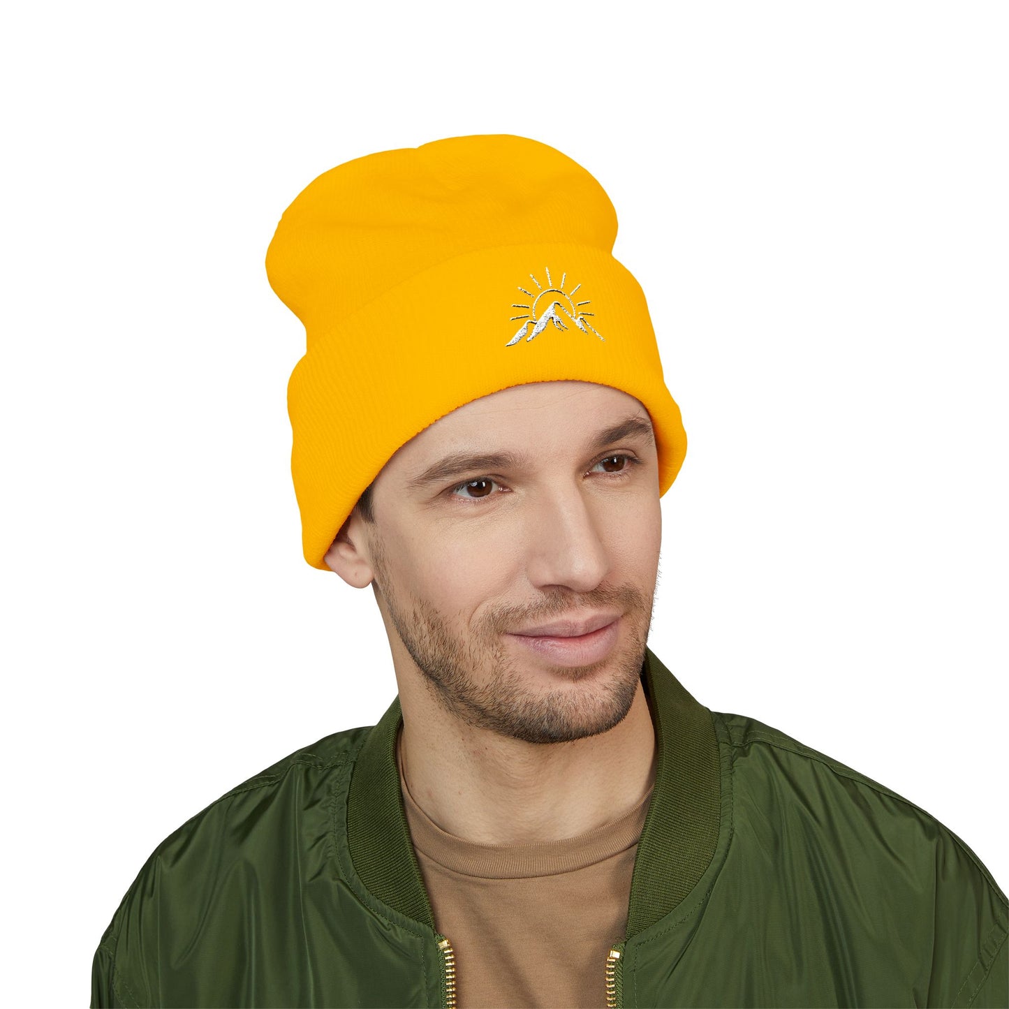 Sunrise Mountain Classic Cuffed Beanie - Embroidered Yellow Winter Hat