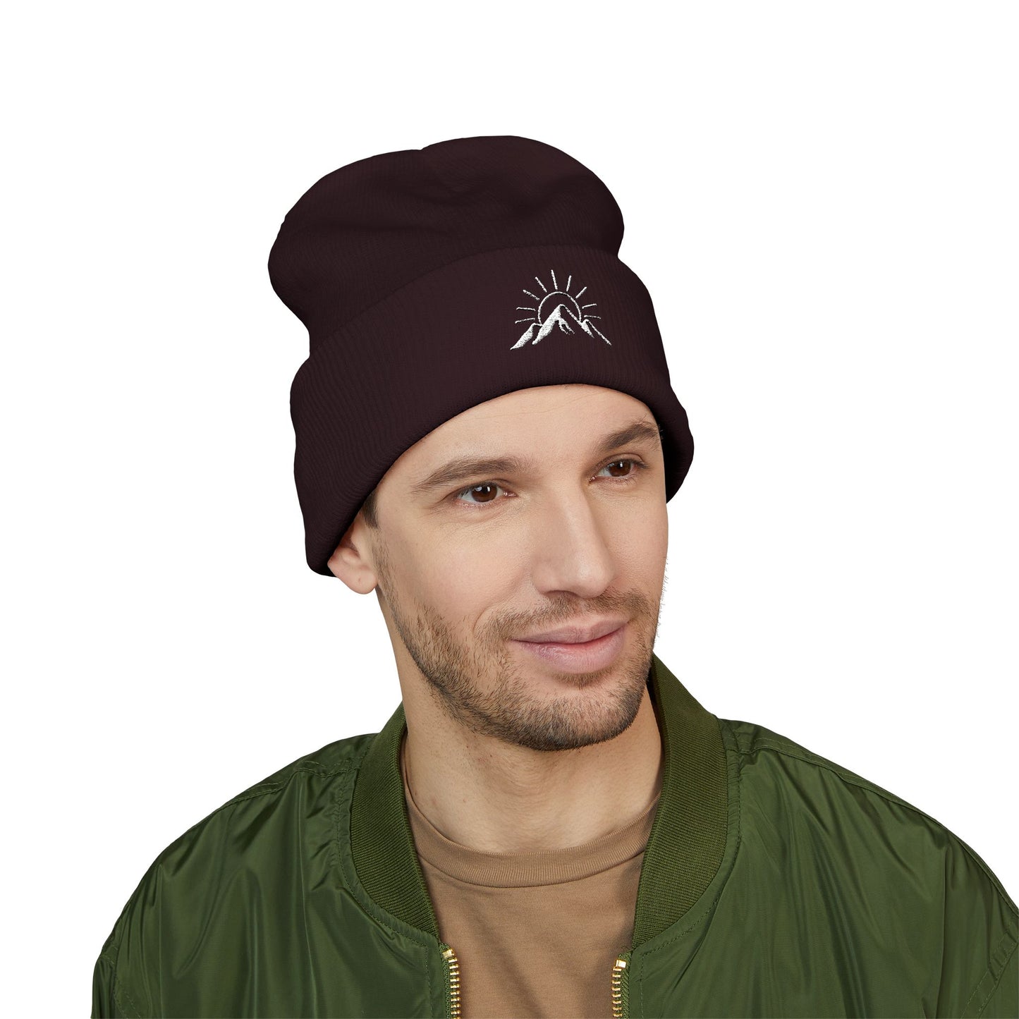 Sunrise Mountain Classic Cuffed Beanie - Embroidered Yellow Winter Hat