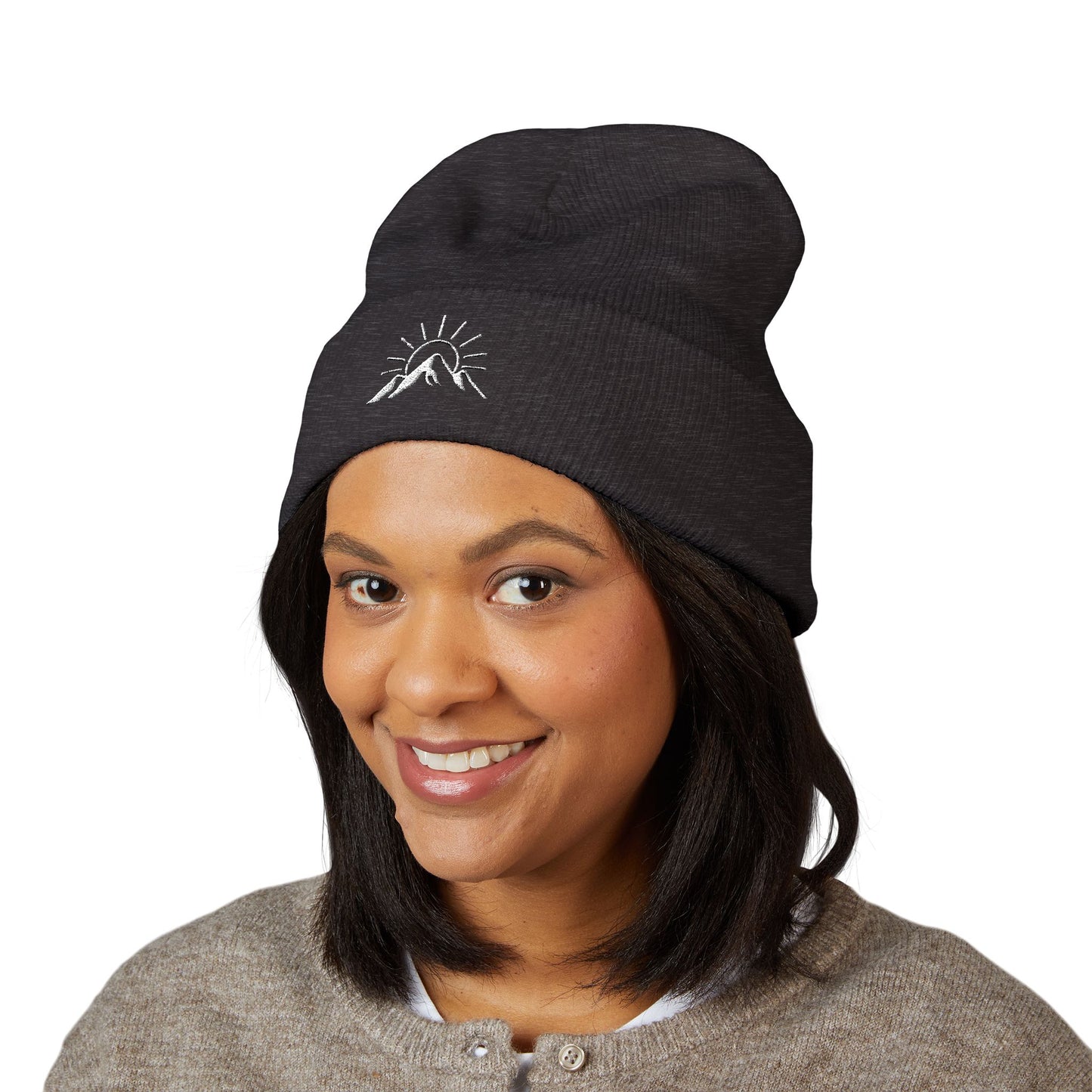 Sunrise Mountain Classic Cuffed Beanie - Embroidered Yellow Winter Hat