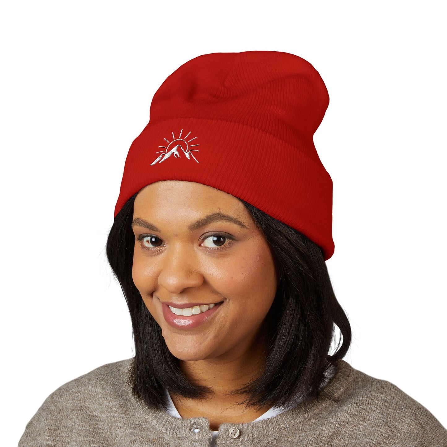 Sunrise Mountain Classic Cuffed Beanie - Embroidered Yellow Winter Hat