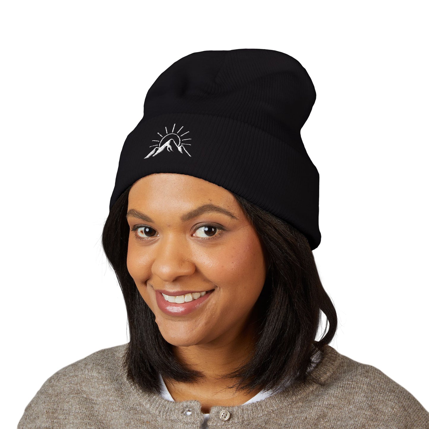 Sunrise Mountain Classic Cuffed Beanie - Embroidered Yellow Winter Hat